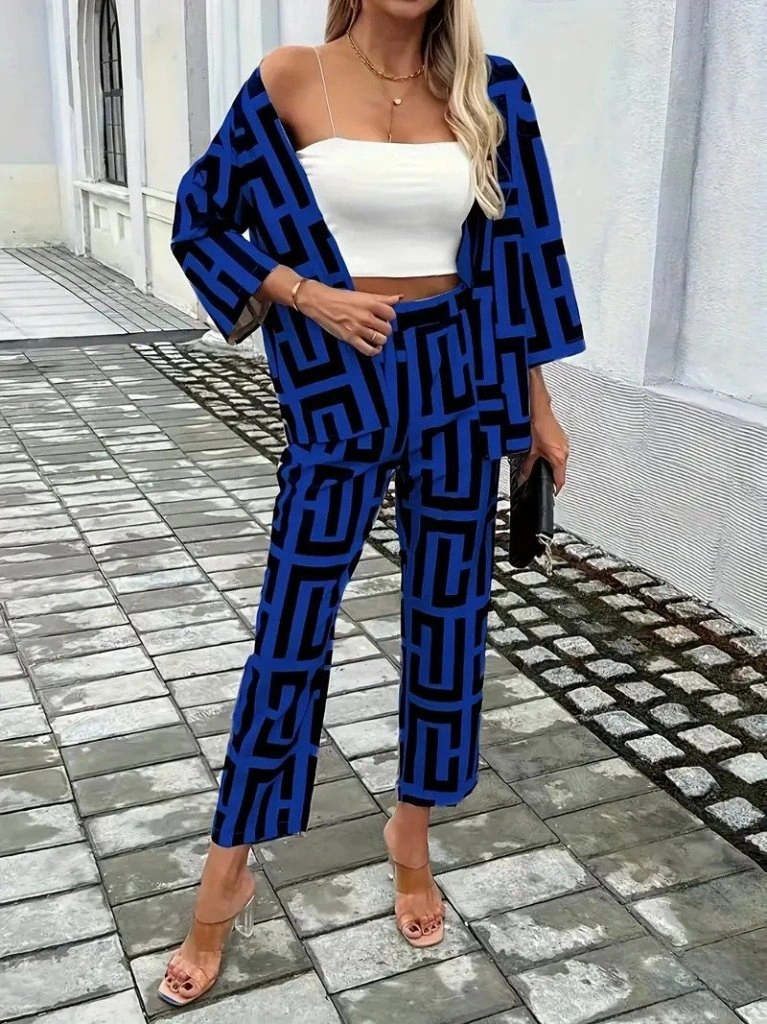 Tua Moda Kadın Uzun Kollu Önü Açık Desenli Iki Iplik Ceket Ve Pantolon Ikili Takım Saks Mavi