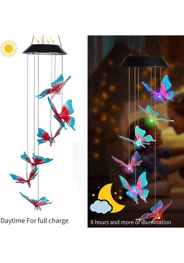 Jeehugo Güneş Enerjili Renk Değiştiren Kelebek Zil Lambası - Bahçe Ve Bahçe Dekorasyonu Işıklı Aydınlatma Kırmızı - Mavi