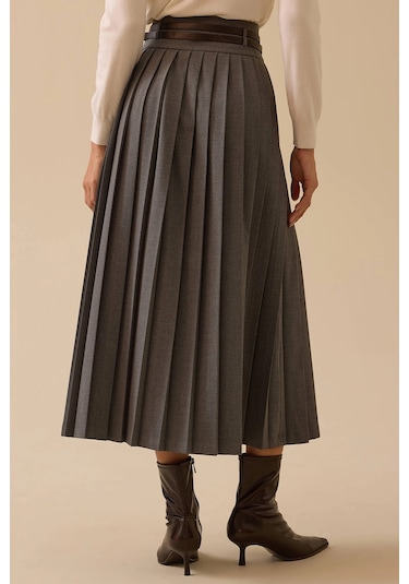 Seçil Kadın Kemer Detaylı Pileli Etek 0013 Gri Gri