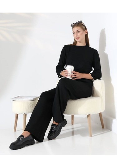 İnci Volanlı Kol Detaylı Triko Takım Siyah