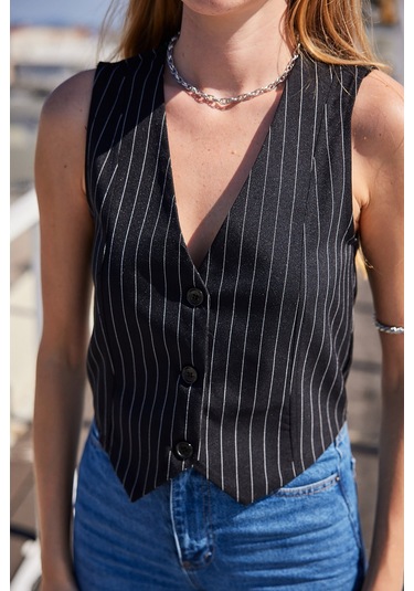 Bigdart 6794 Çizgili Dokuma Yelek - Siyah 001