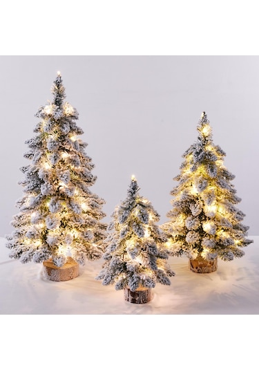 Springsun Kar Masalı Led Aydınlatmalı Mini Noel Ağacı - Ahşap Tabanlı, Masa Dekoru 45/60/75 Cm Beyaz