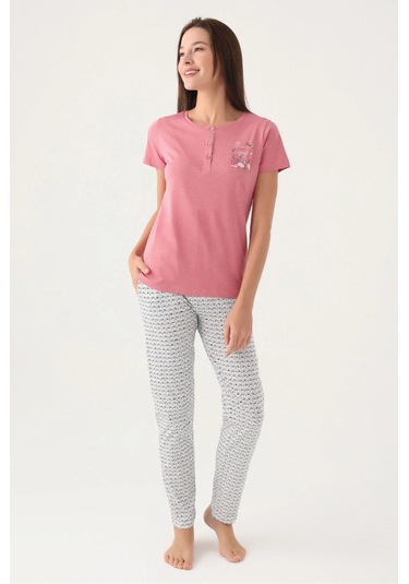 Arnetta Patlı Düğmeli Yaka Pamuk Kadın Pijama Takım 001