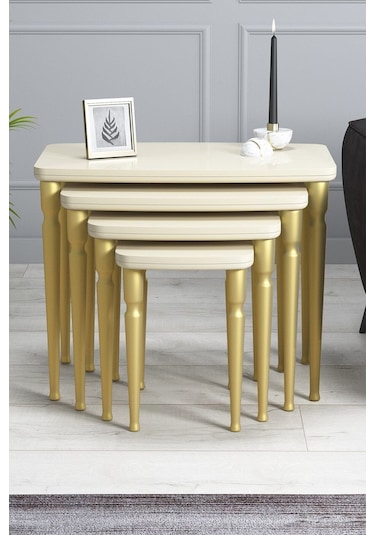 Imaj Mdf Ve Lake Boya, Krem 4lü Zigon Sehpa Takımı, Doğal Vernikli Gürgen Ayaklar Sehpalar Krem Ayaklar Gold