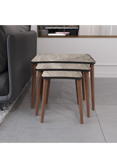 Zigon Sehpa & Yan Sehpa 3'lü Ahşap Ayaklı Salon Sehpa Gordion