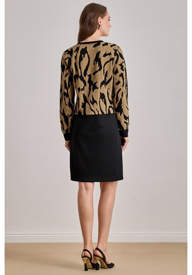 Diz Boy Çok Renkli Jakarlı Elbise Çok Renkli