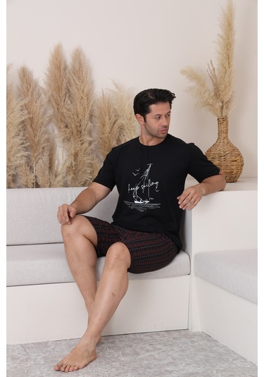 Sleeproom Erkek Rahat Pamuklu Yazlik Penye Siyah Alt Ekoseli Kaprili Pijama Takim Yeni Ürün Siyah