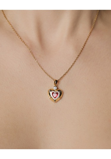 Lekka Design Kadın Kararmaz Çelik Takı Kırmızı Zirkon Taşlı Kalp Aşk Kolye Altın