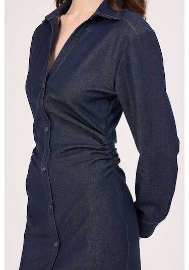 Fever Yanlar Büzgülü Kadın Denim Elbise 352116033 Lacivert