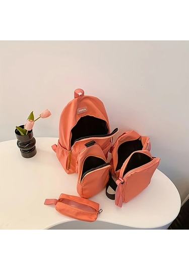 Honeybeeshop Pembe 5 Parça Katı Renk Sırt Çantası Seti Okul Kolej Yolcu Çantası