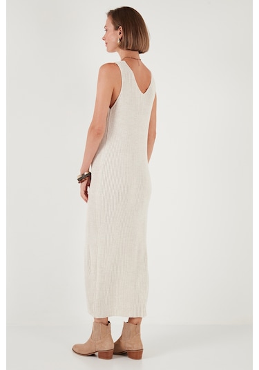 Lela V Yaka Fitilli Uzun Triko Bayan Elbise 4616169 Açık Taş
