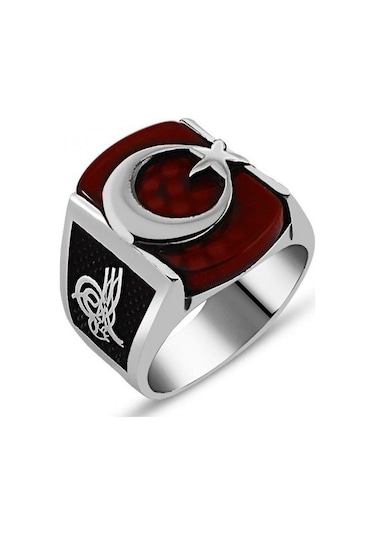 Takılingo 925 Ayar Gümüş Kırmızı Akik Taş Üzerine Ayyıldız İşlemeli Erkek Yüzük Gümüş