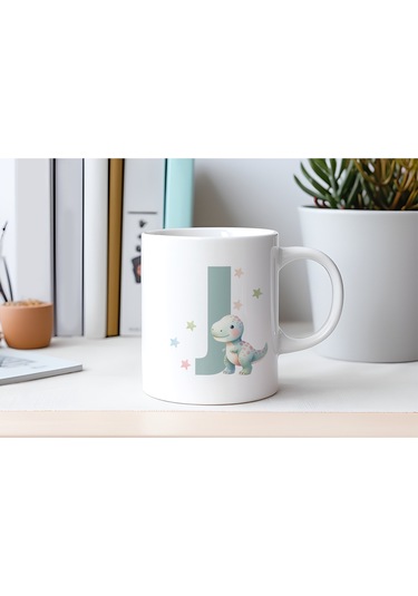 J Harfi Sevimli Dinozor Kupa Bardak - Açık Yeşil Yıldız Detaylı Dino Tasarım - Hediye Beyaz