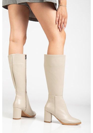Kadın Topuklu Çizme Bej Suni Deri Sivri Burun-4209 Bej