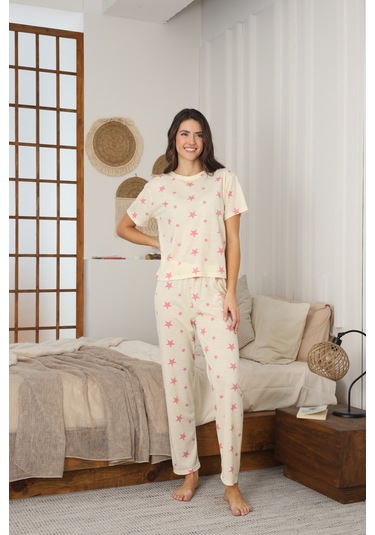 Kadın Yazlık Kısa Kol Penye Süprem Kumaş Pijama Takımı Sarı Yıldızlı