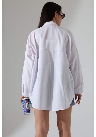 Gömlekçiniz Oversize Poplin Kumaş Çift Cepli Kadın Tunik Gömlek