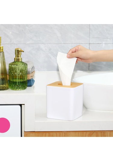 Shineyee Beyaz Bambü Masaüstü Kutu Kapağı - Banyo, Yatak Odası, Ofis İçin Organizasyon Kapaklığı 2 Adet Kare Beyaz