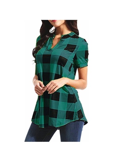 Hnxc Kadın Modası Rahat Yazlık Ekose Desenli Kısa Kollu V Yaka Bluzlar Ve Gömlekler Yeşil