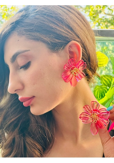 Çiçekli Mika Kadın Küpe 7 Cm Pembe