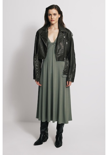 Askılı Açık Haki Midi Elbise