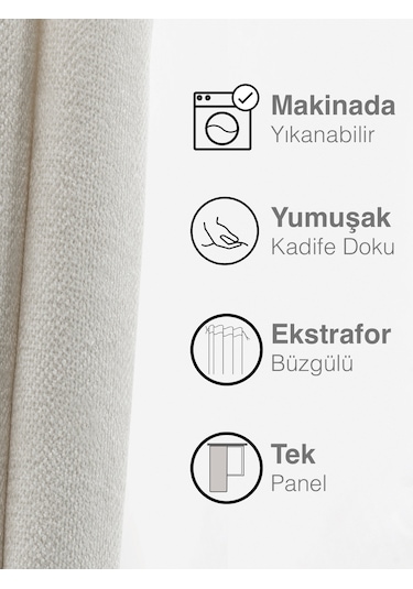Kadife Dokulu Ekru Ada Fon Perde Ekstrafor Büzgülü Ekru