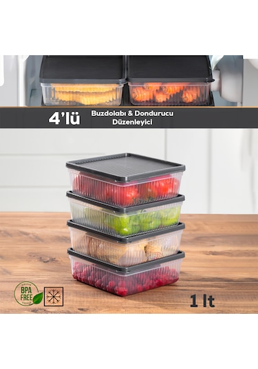 Porsima 1169 4lü Buzdolabı Organizer Mikrodalga Ve Derin Dondurucuya Buzluk Bakliyat Saklama Kabı - Antrasit