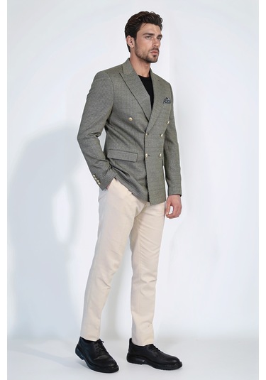 Çizgili Kruvaze Tek Ceket Yeşil