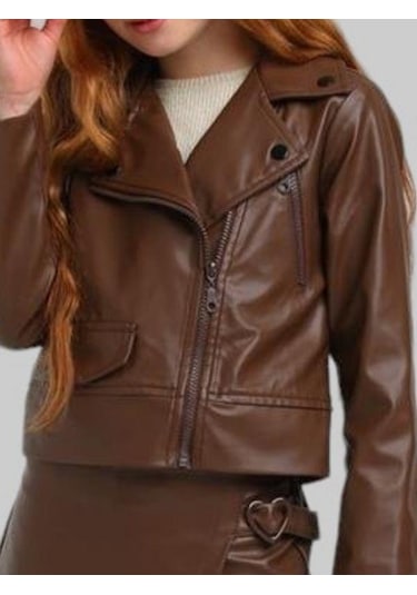 Kız Çocuk Fermuar Detaylı Deri Ceket-13666 Kahverengi