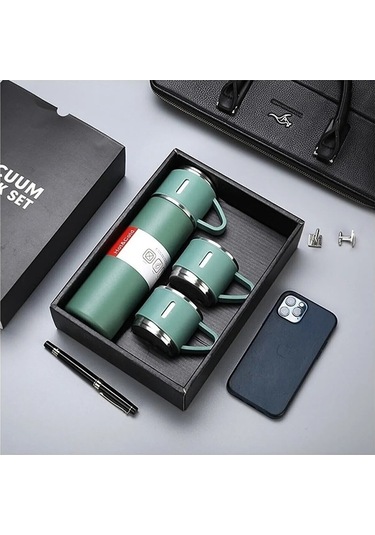 500 Ml Paslanmaz Çelik 3 Bardaklı Termos Set Yeşil