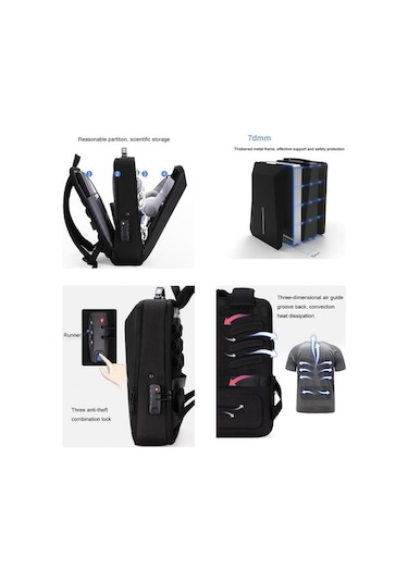 Fastbuy Lenovo Laptop Sırt Çantası Siyah, Sert Kabuk Hırsızlık Önleyici Siyah