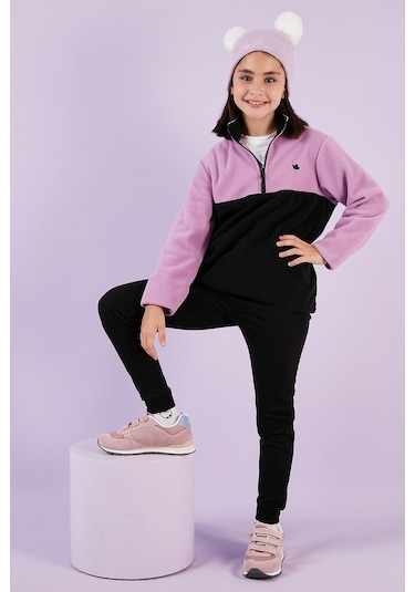 Lela Yumuşak Dokulu Yarım Fermuarlı Renk Bloklu Dik Yaka Unisex Çocuk Polar 5905004 Lila-Siyah