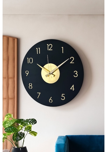 Ahşap Dekoratif Pleione Gold Aynalı Duvar Saati 48cm Siyah - Gold