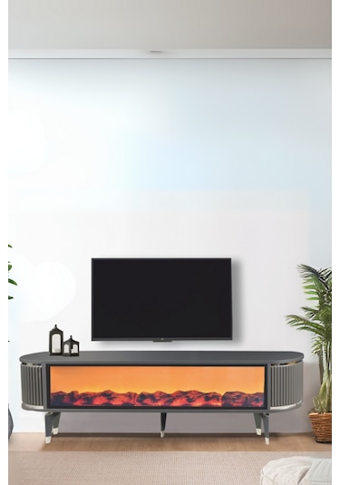 Talia Şömineli Tv Sehpası Antrasit Gümüş Mebran Oval 7 Renk Efektli Uygulamalı 160x40x50 Cm