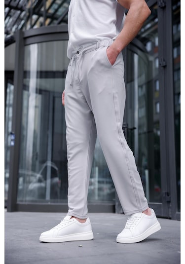 Erkek Taş Renk Likralı Kumaş Jogger Pantolon-1756 Taş