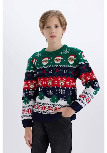 DeFacto Erkek Çocuk Yılbaşı Temalı Bisiklet Yaka Triko Kazak B2246A824CWNV135 DeFacto Erkek Çocuk Yılbaşı Temalı Bisiklet Yaka Triko Kazak B2246A824CWNV135