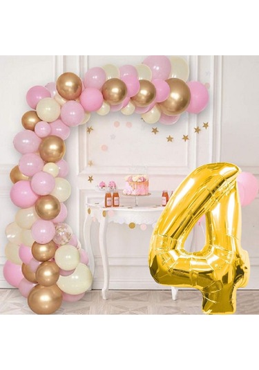 4 Yaş Krom Gold Pastel Pembe Ve Beyaz Balon Seti Gold Rakamlı Doğum Günü Balonu Şık Parti Süsleme Çok Renkli