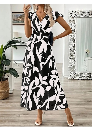 Kadın Kısa Kelebek Kollu Kruvaze Yaka Desenli Süprem Elbise Siyah