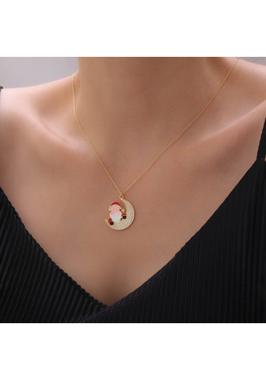 925 Ayar Gümüş Mineli Noel Baba Ve Ay Kolye Gold