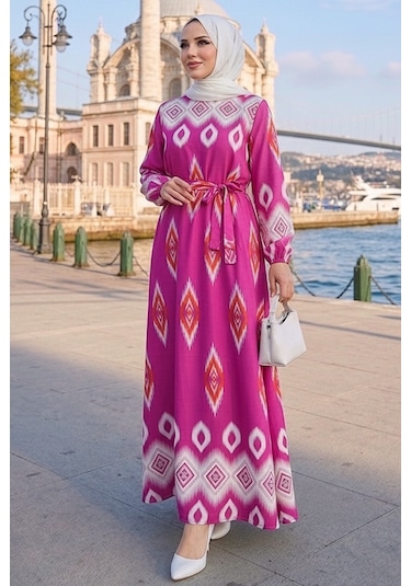 Bestenur Alera Desenli Viskon Elbise 1720 - Pembe
