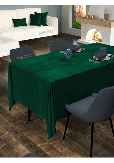 Kadife Dokulu Zümrüt Masa Örtüsü Zümrüt