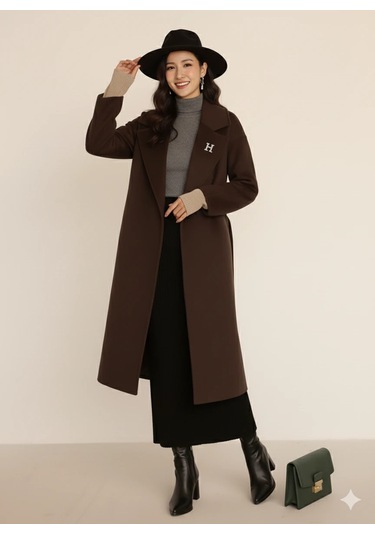 Kadın Siyah Kaşe Uzun Kaban Maksi Boy Palto Geniş Yakalı Düz Kesim Kışlık Kahve
