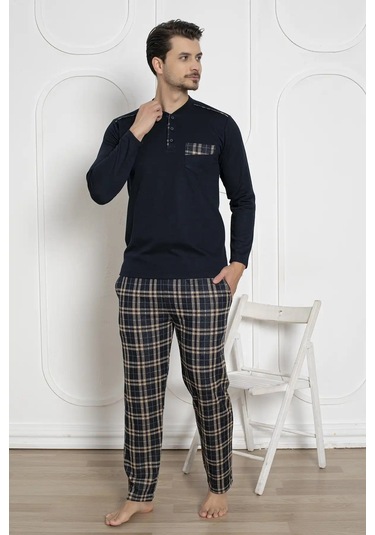 Erkek Ekose Desen Likralı Pamuk Uzun Kol Kışlık İnterlok Göğüs Cepli Pijama Takımı Lacivert