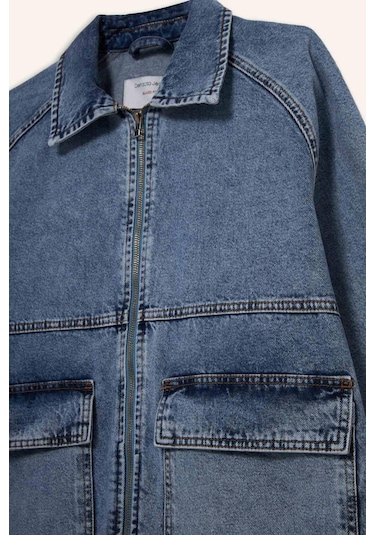 Defacto Relax Fit Fermuarlı Denim Ceket F0097ax25aunm39 Mavi