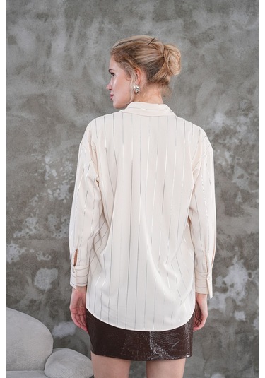 Çizgili Klasik Kadın Gömlek Bej