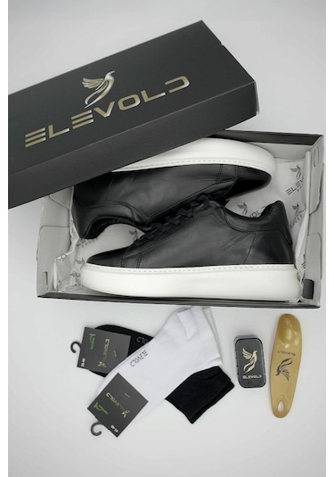 Mela Erkek Hakiki Deri 7 Cm Boy Uzatan Siyah-beyaz Spor Ayakkabı Siyah-beyaz