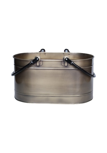 Metal Gold Uzun Oval Kulplu Tasarım Şömine- Soba Odun Depolama Saklama Kovası