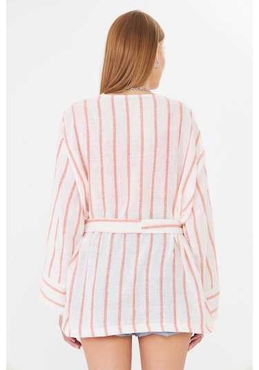 Armonika Kadın Turuncu-beyaz Kemerli Kimono Arm-25y001073