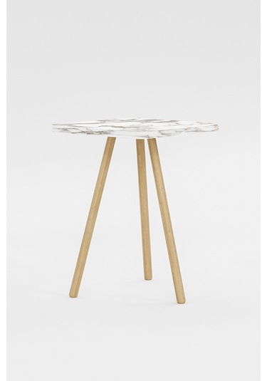 İntergo Kare Tasarımlı Ahşap Ayaklı Tekli Zigon Sehpa Beyaz Mermer