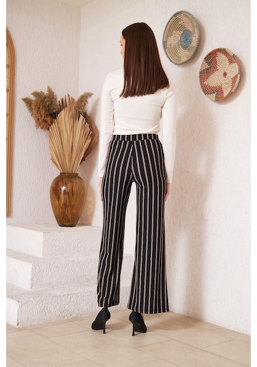 Darlin Moda Siyah Çizgili Krep Pantolon DM48325 Siyah
