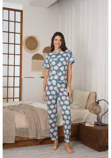 Kadın Yazlık Kısa Kol Penye Süprem Kumaş Pijama Takımı Mavi Turuncu